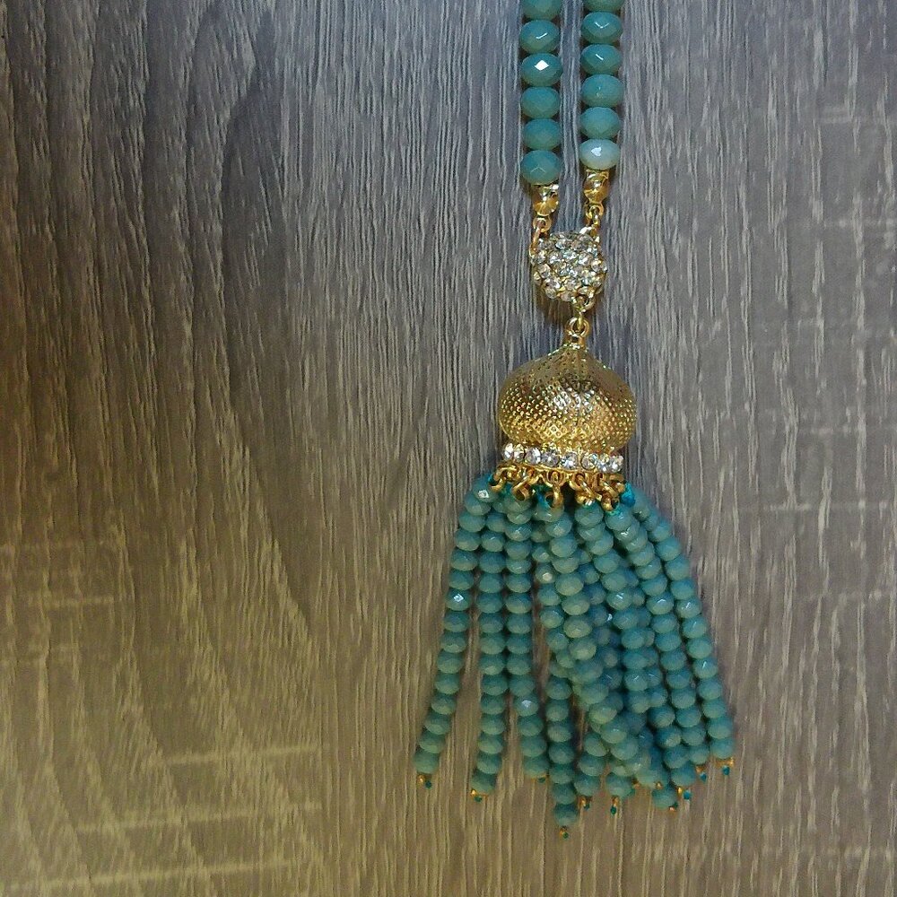 Amrita Singh Jade Green Acrylic Faceted Bead Necklace with Tassel & Rhinestones
